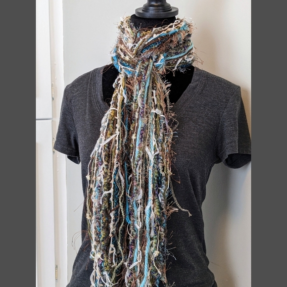 Handmade Fringe Scarf - Teal Aqua Blue Green Gray White Brown Gold Flowy Chic - Picture 6 of 13